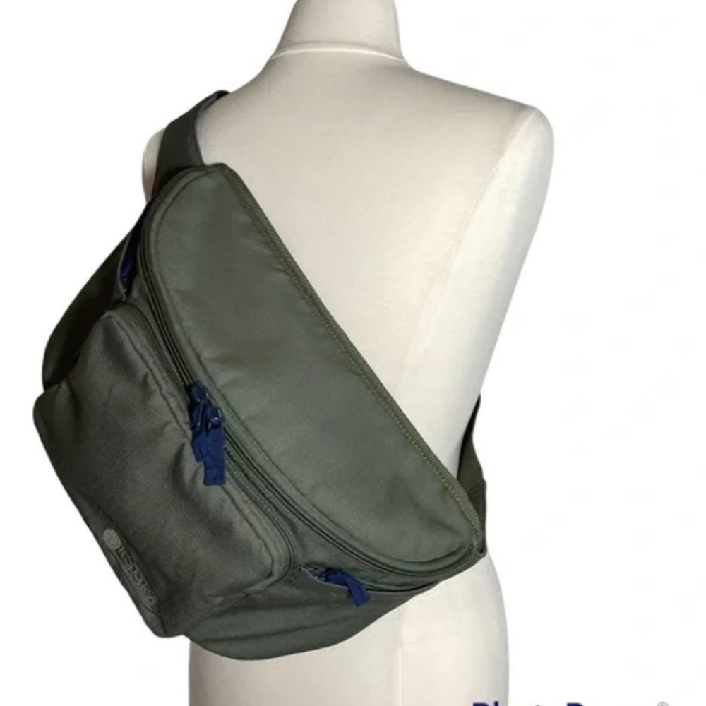 Lesportsac Olive Green Crossbody Messenger Bag with Blue Zippers
